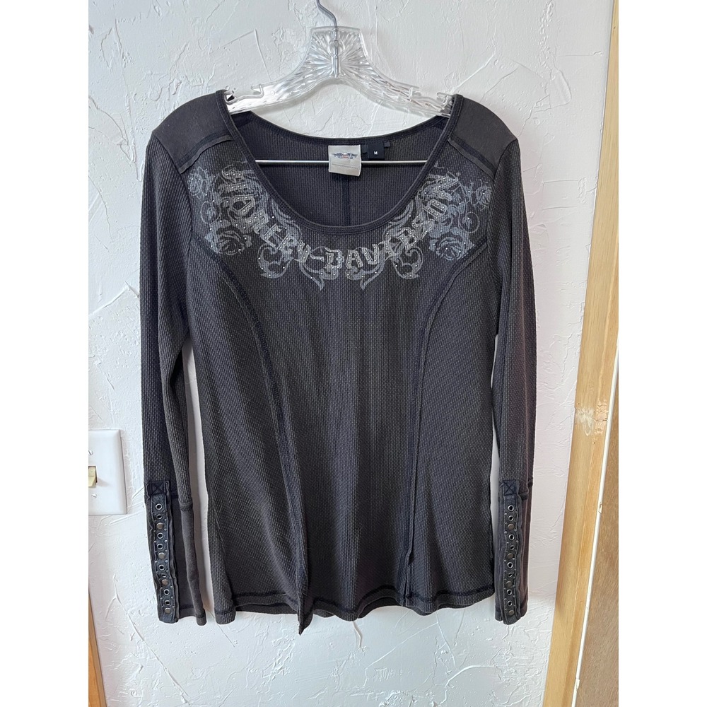 Harley Davidson Womens Long Sleeve Thermal Shirt Rhinestone Grey‎ Size M